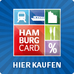 Logo für die Hamburg Card mit den Icons eines Zuges, eines Schiffes, einer Stadtlandschaft, von Utensilien und einem Prozentzeichen über dem Text HIER KAUFEN auf blauem Hintergrund mit Strahlen.