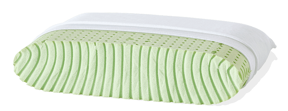 Ein grünes Memory-Foam-Kissen mit Belüftungslöchern und -rillen, das teilweise von einem weißen Kissenbezug mit Reißverschluss bedeckt ist, in einer seitlichen Querschnittansicht. Ein grünes Memory-Foam-Kissen mit Belüftungslöchern und -rillen, das teilweise von einem weißen Kissenbezug mit Reißverschluss bedeckt ist, in einer seitlichen Querschnittansicht.