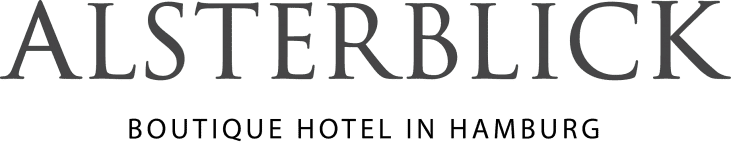 Logo mit dem Text ALSTERBLICK in großen Buchstaben und Boutique Hotel in Hamburg in kleineren Buchstaben darunter.