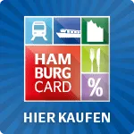 Logo für die Hamburg Card mit den Icons eines Zuges, eines Schiffes, einer Stadtlandschaft, von Utensilien und einem Prozentzeichen über dem Text HIER KAUFEN auf blauem Hintergrund mit Strahlen.