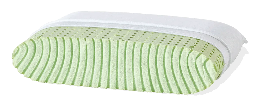 Ein grünes Memory-Foam-Kissen mit Belüftungslöchern und -rillen, das teilweise von einem weißen Kissenbezug mit Reißverschluss bedeckt ist, in einer seitlichen Querschnittansicht.