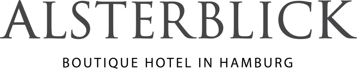 Logo mit dem Text ALSTERBLICK in großen Buchstaben und Boutique Hotel in Hamburg in kleineren Buchstaben darunter.