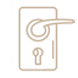 Einfache beigefarbene Strichzeichnung eines Türgriffs und eines Schlüssellochs auf einem rechteckigen Türschild, wobei der Griff in einer horizontalen Position dargestellt ist.