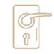 Einfache beigefarbene Strichzeichnung eines Türgriffs und eines Schlüssellochs auf einem rechteckigen Türschild, wobei der Griff in einer horizontalen Position dargestellt ist.